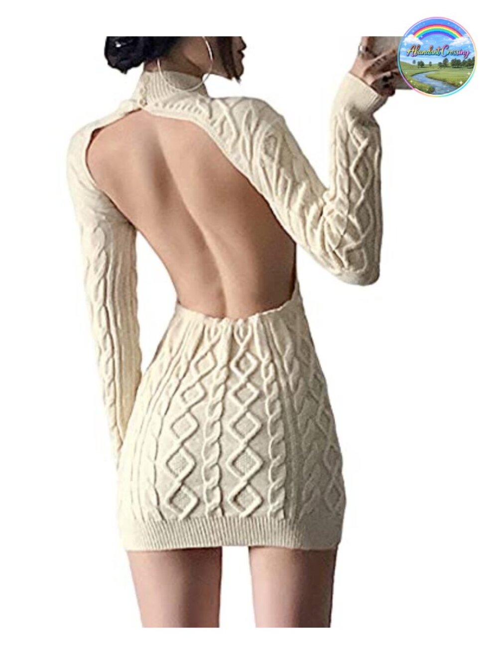 Backless Cable Knit Sweater Dress Mock Neck Long Sleeve Bodycon Pullover